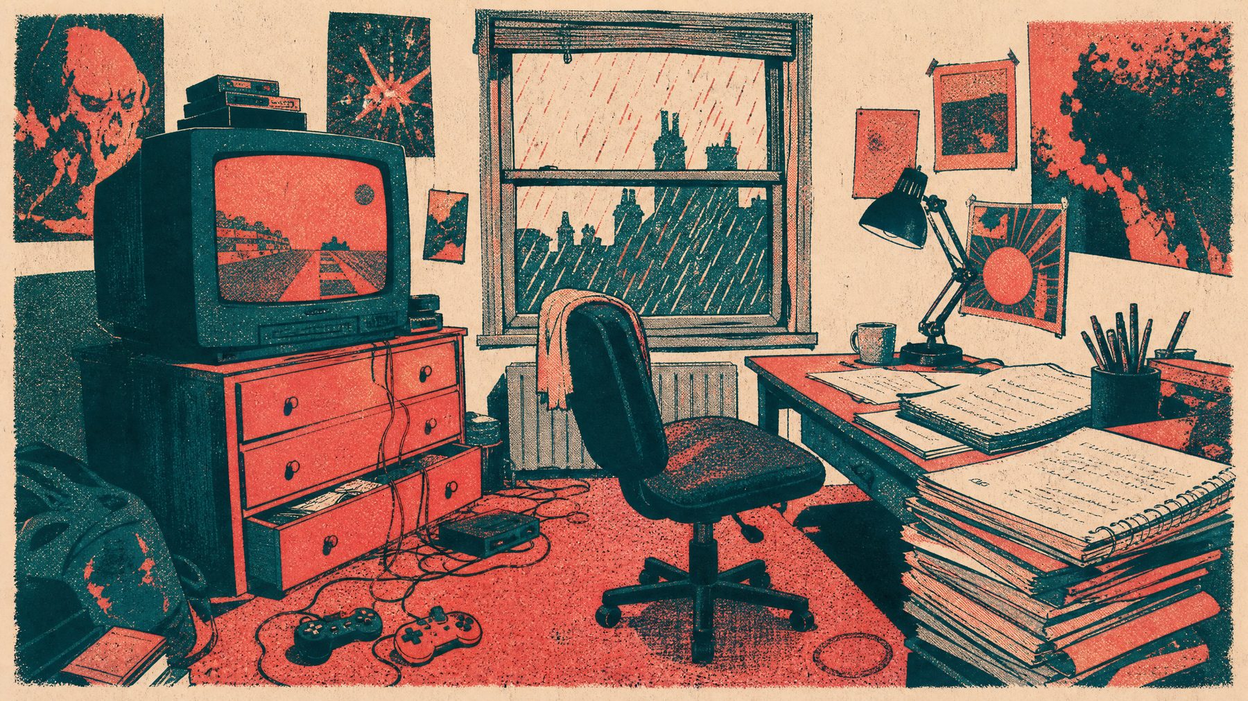 Illustration of an upstairs room converted into a games writing space, with a television, notebooks and rain at the window