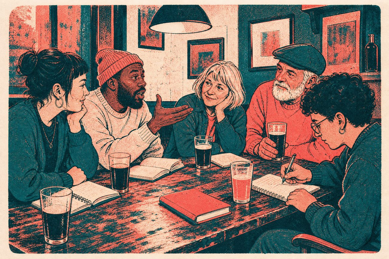 Illustration of five people around a cluttered table in a converted print workshop, arguing over notes