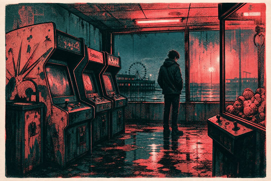 Illustration of a rundown seaside amusement arcade at night with a lone figure