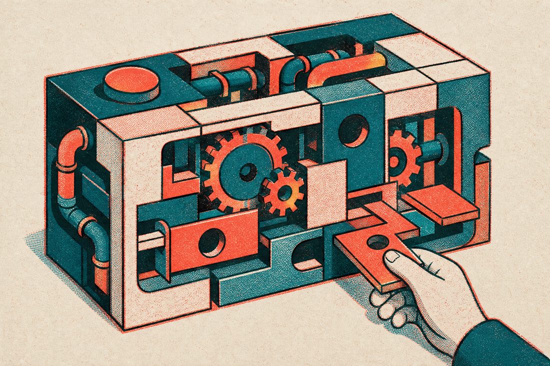 Illustration of an interlocking mechanism of pipes, cogs and sliding panels