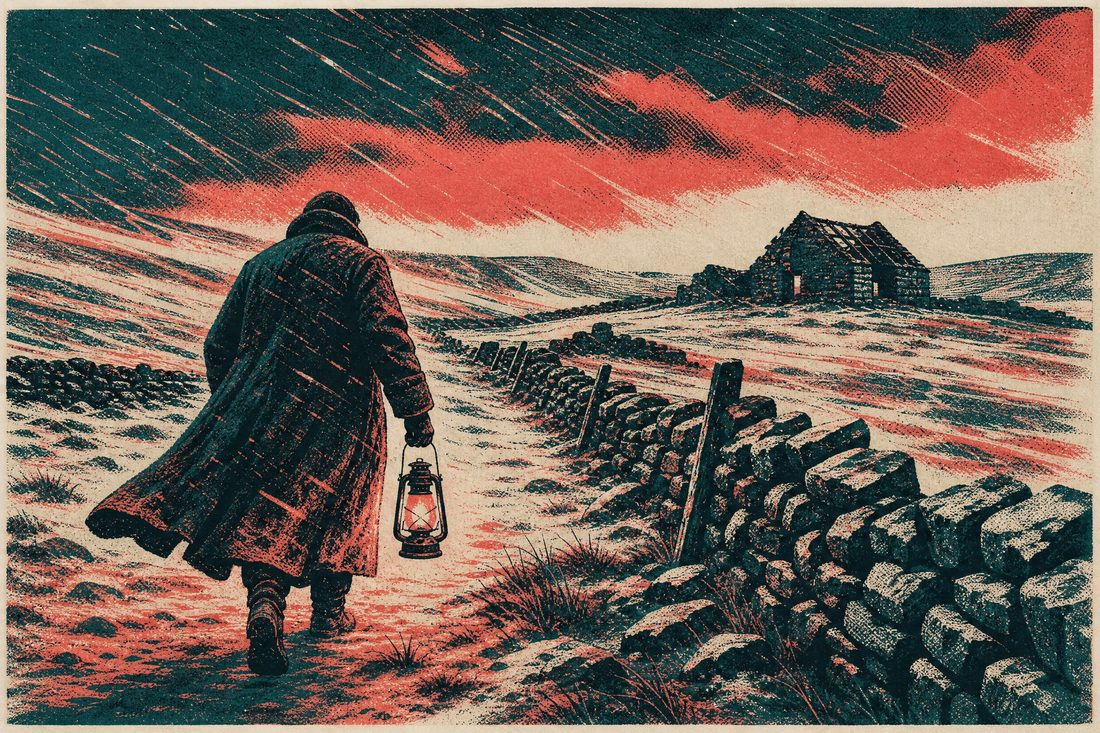 Illustration of a lone figure crossing a bleak upland moor in sleet carrying a lantern