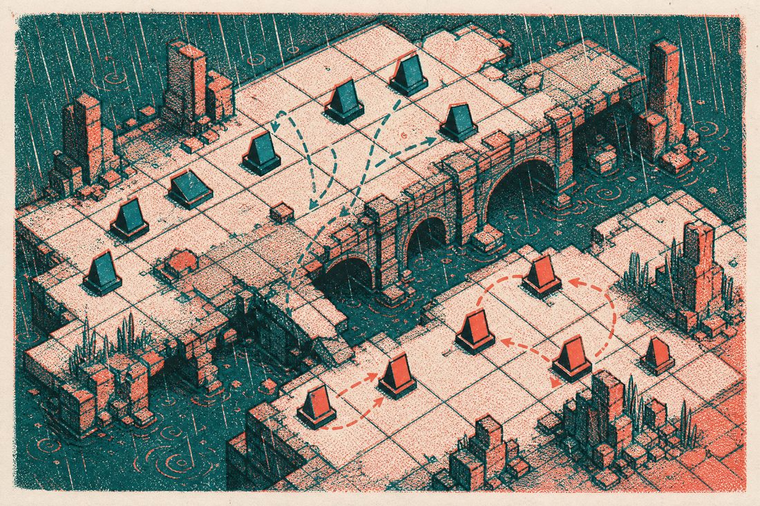 Illustration of a tactical skirmish grid over a rain-soaked ruined bridge